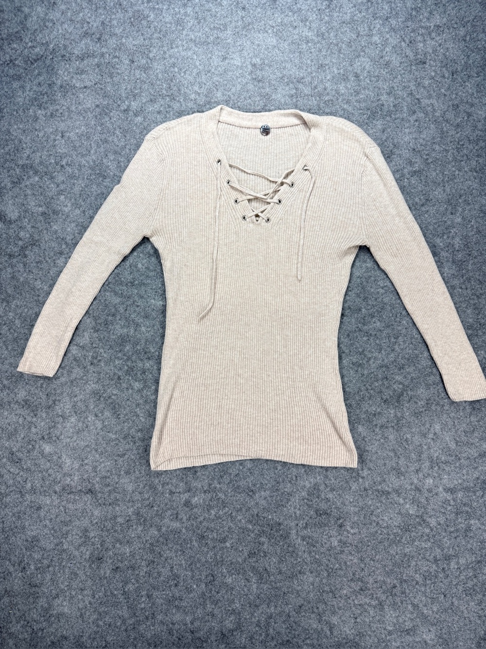 Margaret O’Leary Beige Ribbed Lace-Up Sweater Top Small, Cashmere Silk Luxury